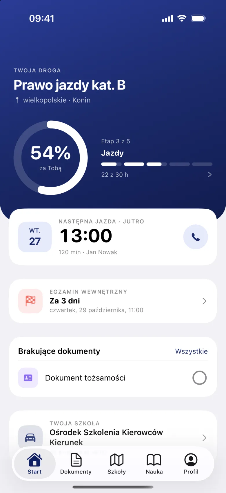Ekran Start aplikacji Ready4Drive: etapy drogi do prawa jazdy, następna jazda i odliczanie do egzaminu
